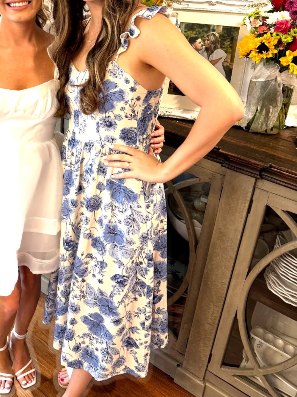 Red Dress Boutique Blue Floral Ruffle Strap Midi Dress